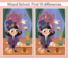 Find 10 differences. Educational puzzle game for children. Cute girl witch with magic wand in wizard school. Interior with objects, spiders and monsters, castle with old furniture. illustration vector