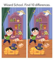 Find 10 differences. Educational puzzle game for children. Cute girl witch with magic wand in wizard school. Interior with objects, spiders and monsters, castle with old furniture. illustration vector