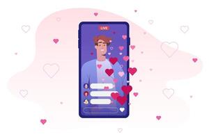Flat man blogger broadcasting live stream. Influencer streaming in social networks on smartphone app with flying like reaction and viewers comment. Online chat with followers and heart symbols. vector