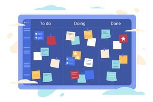 Color stick paper note on kanban task board. Flat blue scrum framework. Work or education project schedule with self sticky notes. Sprint planning with tracking tasks. Agile project management concept vector