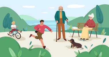 Flat people walk in park. Fun children running and riding bicycle in nature landscape. Senior man walking with dog on a leash, elderly woman sitting on bench. Pensioners recreating, kids playing. vector