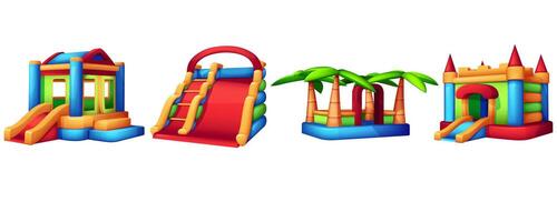 Cartoon gaming inflatable complex in amusement center. Kids playground in play park with children equipment. Bouncy castle, trampoline and slides for kid entertainment isolated on white background. vector