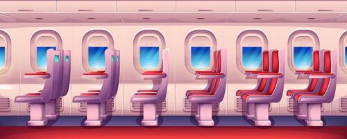 Cartoon empty airplane interior with aircraft windows and red passenger seats in row. Economy class plane cabin inside view with chairs and portholes. Aircraft salon armchairs for jet trip. vector