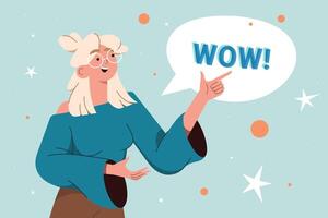 Young blond smile woman points a finger to speech bubble with wow text. Happy teen girl with positive face expression and pointing hand gesture flat illustration on blue background. vector