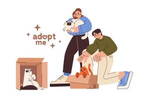 Flat young people adopting cat from animal shelter. Happy owners rescue, help and adopt pet. Girl hold and hug kitten, fluffy ginger kitty hiding in box. Adoption of homeless feline from stray center. vector