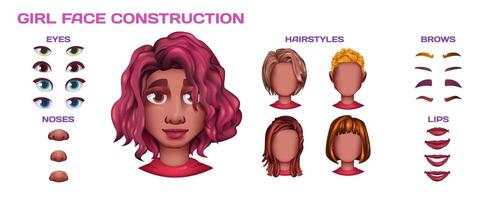 Cartoon young woman face construction facial elements. Avatar of black girl with hairstyle, brows and lips. African american female character creation dark skin heads, nose, eyes on white background. vector