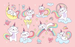 Flat illustration of cute white unicorn cats. Funny caticorn on clouds, rainbow and moon. Funny magic kitty characters with colorful tail. Kitten set with bow, flower, srats, sweets and coffee. vector