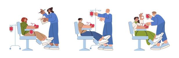 Flat volunteer characters sitting in medical hospital chairs donating blood. Lab nurses and donors people on transfusion procedure. Healthcare donation. World donor day or health charity concept. vector