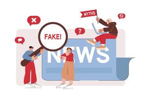 Flat people scanning fake news published in social network and hoax information on the internet, media press. Man with magnifying glass checking false facts, myths. Propaganda or disinformation online vector