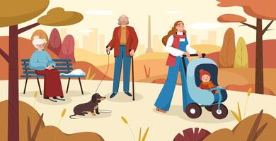 Flat people in autumn park. Citizens strolling in city recreation area. Elderly man walk with dog on a leash, pensioner woman sitting on a bench. Young mother pushing stroller with child. Fall season. vector