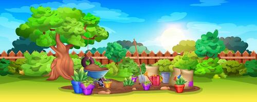Cartoon backyard with tree, wooden fence and gardening tools. Summer landscape with garden wheelbarrow with soil, watering can, shovel and sacks. Grass lawn with growing plants and potted flowers. vector