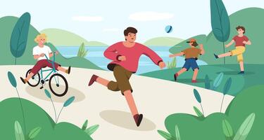 Happy children play in public park. Kids riding a bicycle and running. Fun boys playing ball on green grass lawn near lake. Run, leisure games and sports activities at weekend. Friends on outside walk vector