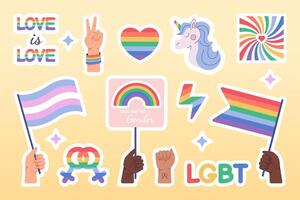 Flat LGBTQ pride stickers set. LGBT for gay male or lesbian female sex symbols. Elements for pride month with rainbow flag. Bisexual, transgender, gender equality or relationship rights concept. vector