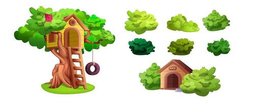 Set of tree house, green garden bushes and doghouse isolated cartoon elements. Treehouse with wooden ladder, kite and tire swing for playing kids. Place for games and children activities in summer. vector