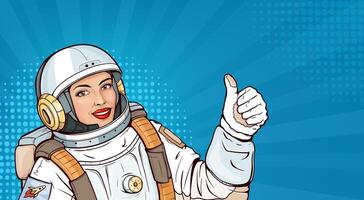 Pop art astronaut girl in space suit showing thumb up or like gesture. Smiling woman cosmonaut in helmet and uniform for exploration demonstrating approval sign on blue halftone background. vector