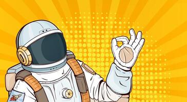 Astronaut in spacesuit showing ok gesture pop art illustration. Cosmonaut in helmet, uniform costume for space exploration and flight in cosmos gesturing okay sign on yellow halftone background vector