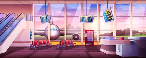 Cartoon airport waiting room interior, terminal hall with passenger chairs, escalator and window with airplane view. Departure lounge with seats, vending machine and flight schedule display. vector