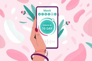 Flat tracker of menstrual period on calendar. Woman hand holding mobile phone to keep track of menstruation cycles. Girl monitoring ovulation or pregnancy period by tracking app on smartphone screen. vector