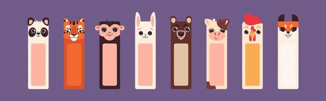 Bookmarks or stickers with cute square animal faces for children school book. Rectangular vertical paper sticky notes collection with funny head of wild and farm animals in flat style. vector