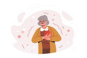 Flat old woman feel sharp chest pain, heart attack failure symptoms. Adult person clutching breast with painful facial expression. Sudden pressure, cardiac discomfort. Cardiovascular disease concept. vector