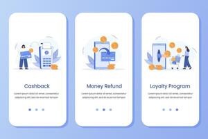 Onboarding screen ui with cashback, money refund and loyalty program digital concepts. banner template for website, mobile development or phone app. Flat customer receive reward and save cash. vector