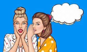 Pop art beautiful girl share gossips or secrets. Lady talking her friend about sale announcement. Young woman whispers to the ear of surprised blonde with wonder emotion face on blue background. vector