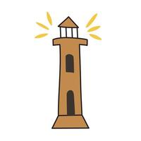 Lighthouse icon, illustration of architecture landmark, hand drawn tower doodle, cute building on coast, marine countries symbol, traveling in summer, cartoon element with light vector