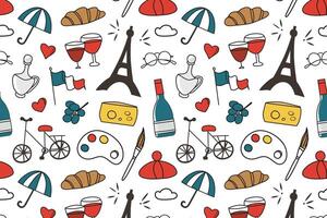 Seamless pattern with French symbols, France illustrations, colored ornament of cheese, wine, croissant, Eifel tower on white background, travel to Paris, cute doodle icons for wrapping vector