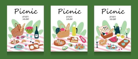 Picnic invitation cards, cartoon compositions with blankets and wicker baskets, set of postcard templates with copy space, arrangements with picnic food, wine, fruit, summer collection vector