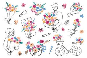 Flower delivery set, compositions with bouquets, illustration of courier holding flowers, online florist store app, smartphone with floral composition, happy woman with gift, vintage bicycle vector