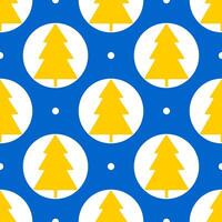 Christmas trees of yellow color on a blue background with snow. Seamless winter holiday pattern. vector