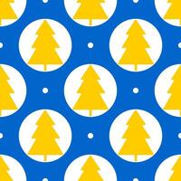 Christmas trees of yellow color on a blue background with snow. Seamless winter holiday pattern. vector