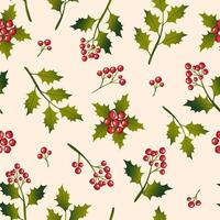 Holly branches with berries and leaves on a pink background form a seamless Christmas holiday pattern. . vector