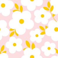 White small flowers with yellow leaves on a delicate pink background. Seamless summer pattern for printing on modern fabrics. . vector