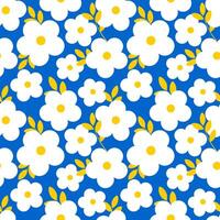 White small flowers with yellow leaves on a blue background. Seamless summer pattern for printing on modern fabrics. . vector