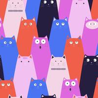 Whimsical colorful cats with different emotions create a cute seamless pattern for modern fabrics, holiday children's wrapping paper. vector