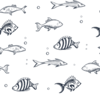 Undersea, fish seamless background. Swimming fish sketch. Underwater marine life pattern. png