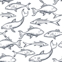 Fish seamless background. Swimming fish sketch. Underwater marine life pattern. png