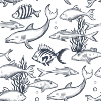Fish seamless pattern. Swimming fish pencil sketch. Underwater marine life background png