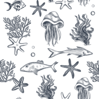 submarino desatado fundo. natação peixe. estrela do Mar, coral, medusa esboço. embaixo da agua marinho vida padronizar. png