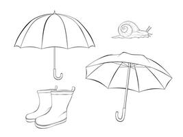 Umbrella Rainboots Snail Rain line art outline illustration on white background vector