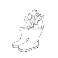 Rainboots and flowers line art outline illustration on white background vector