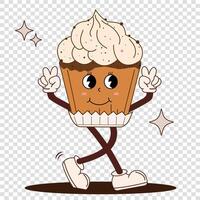 Retro cartoon cupcake character in groovy style. Vintage dessert mascot, 60s, 80s nostalgia with psychedelic smiley face and emotions. Cool illustration for your design. vector