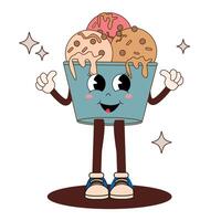 Funny cartoon ice cream character in groovy style. Cute retro mascot from childhood. Vintage illustration of ice cream and sweets. Concept for the 60s, 70s, 80s. vector