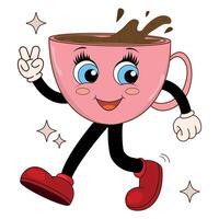 Retro cartoon coffee character in groovy style. Vintage coffee cup mascot, 60s, 80s nostalgia with psychedelic smiley face and emotions. Cool illustration for your design. vector