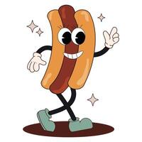 Funny cartoon character Hod Dog in a groovy style. Cute retro mascot from childhood. Vintage fast food illustration. Concept for the 60s, 70s, 80s. vector