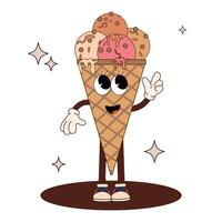 Funny cartoon ice cream character in a cone in a groovy style. Cute retro mascot from childhood. Vintage illustration of ice cream and sweets. Concept for the 60s, 70s, 80s. vector