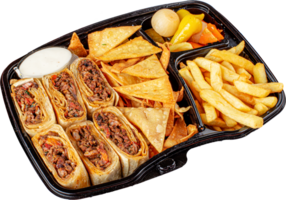 Arabic meat shawarma dish with potatoes and pickles png