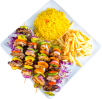 Chicken Shish Tawook with rice and fries png