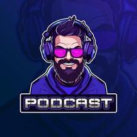 Man with headphone. Podcast mascot logo design for badge, emblem, Esport and t-shirt printing vector